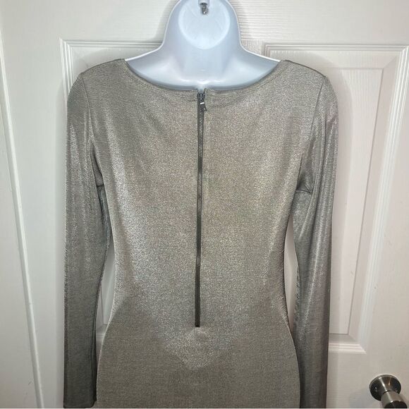 Alice + Olivia Champagne Silver Tabitha Bodycon Mini Dress Long Sleeve Shimmer S - Picture 7 of 10